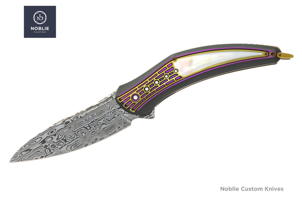 Art Knives LesBar Plus+ folding knife with Damasteel blade, titanium handle, and mother of pearl inlays