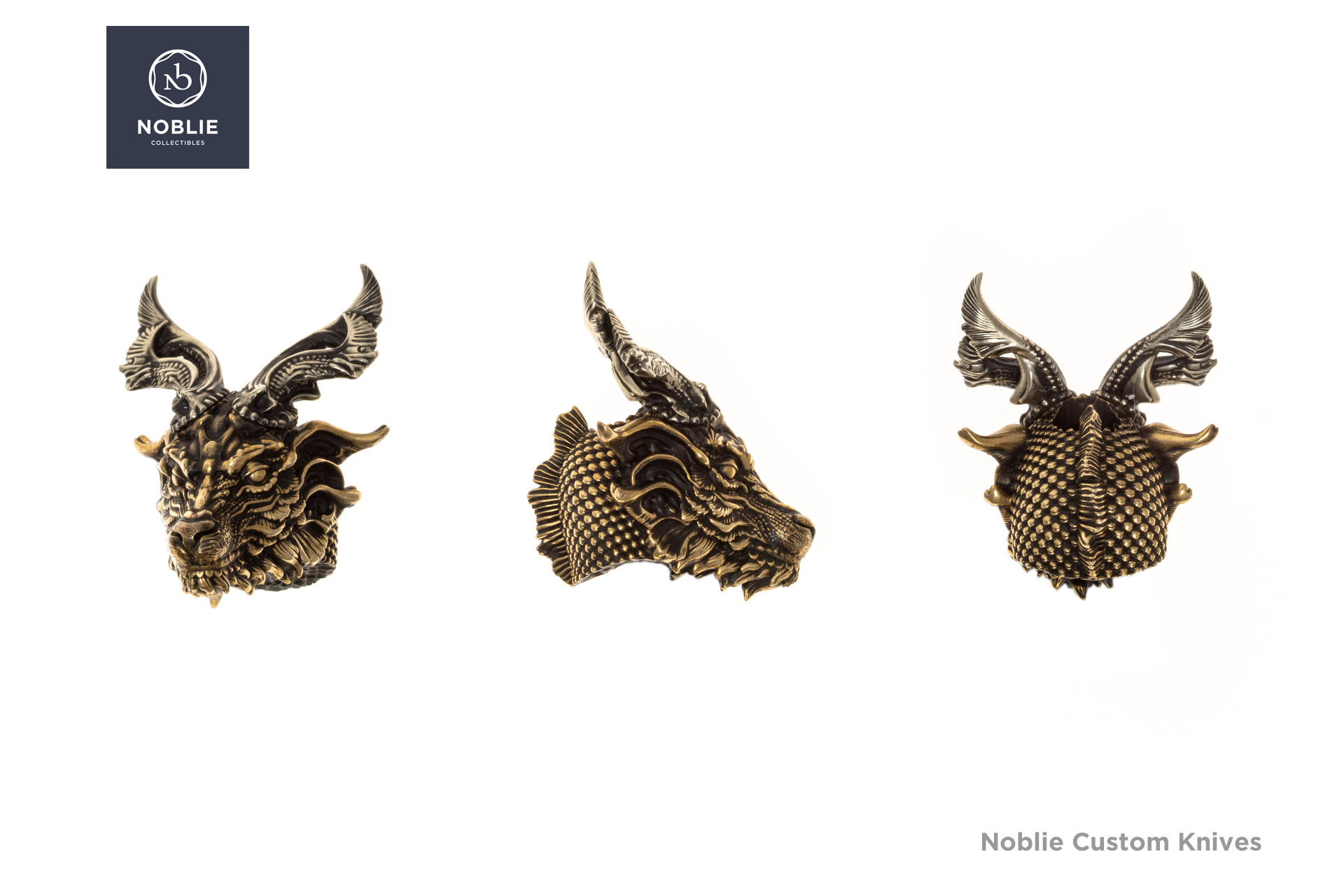 Bronze dragon head lanyard bead shown from front side and back views