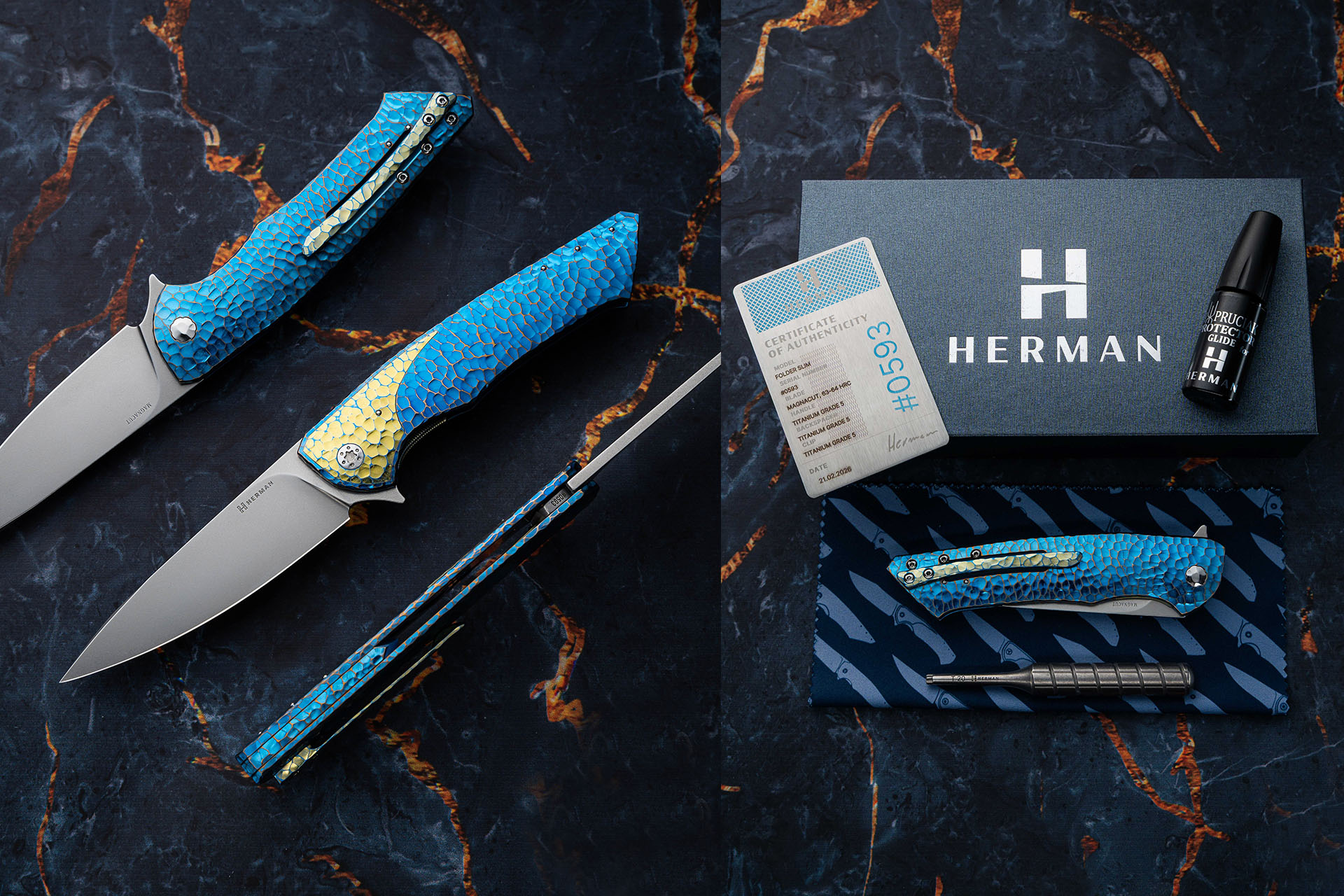 Nóż składany Herman Slim z certyfikowanym pudełkiem, szmatką, olejem i tytanowym śrubokrętem