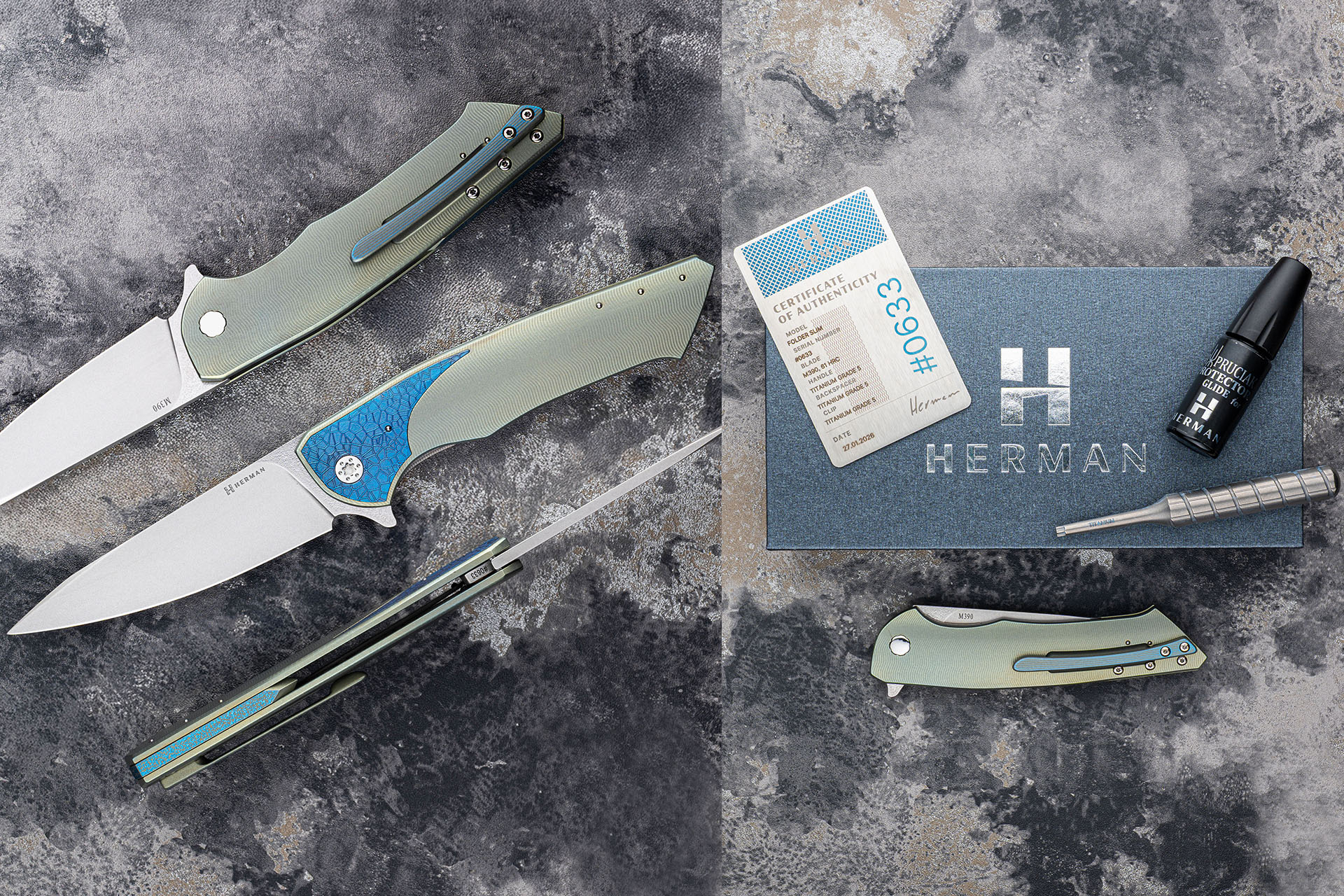 Coltello pieghevole Herman Slim con certificato, olio e cacciavite in titanio