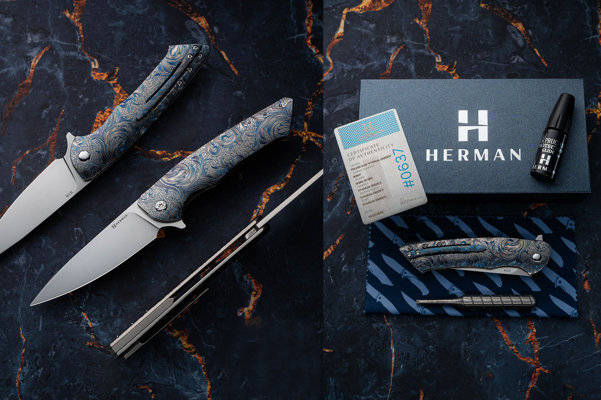 Coltello pieghevole Herman Knives Slim Eternal Garden con certificato, scatola, olio e cacciavite in titanio.