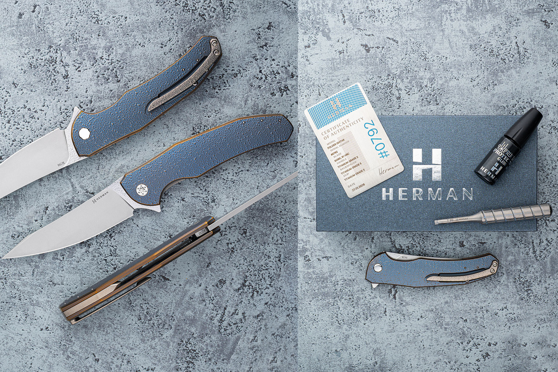 Coltello pieghevole Herman Knives Ishtar con certificato, scatola, olio e cacciavite