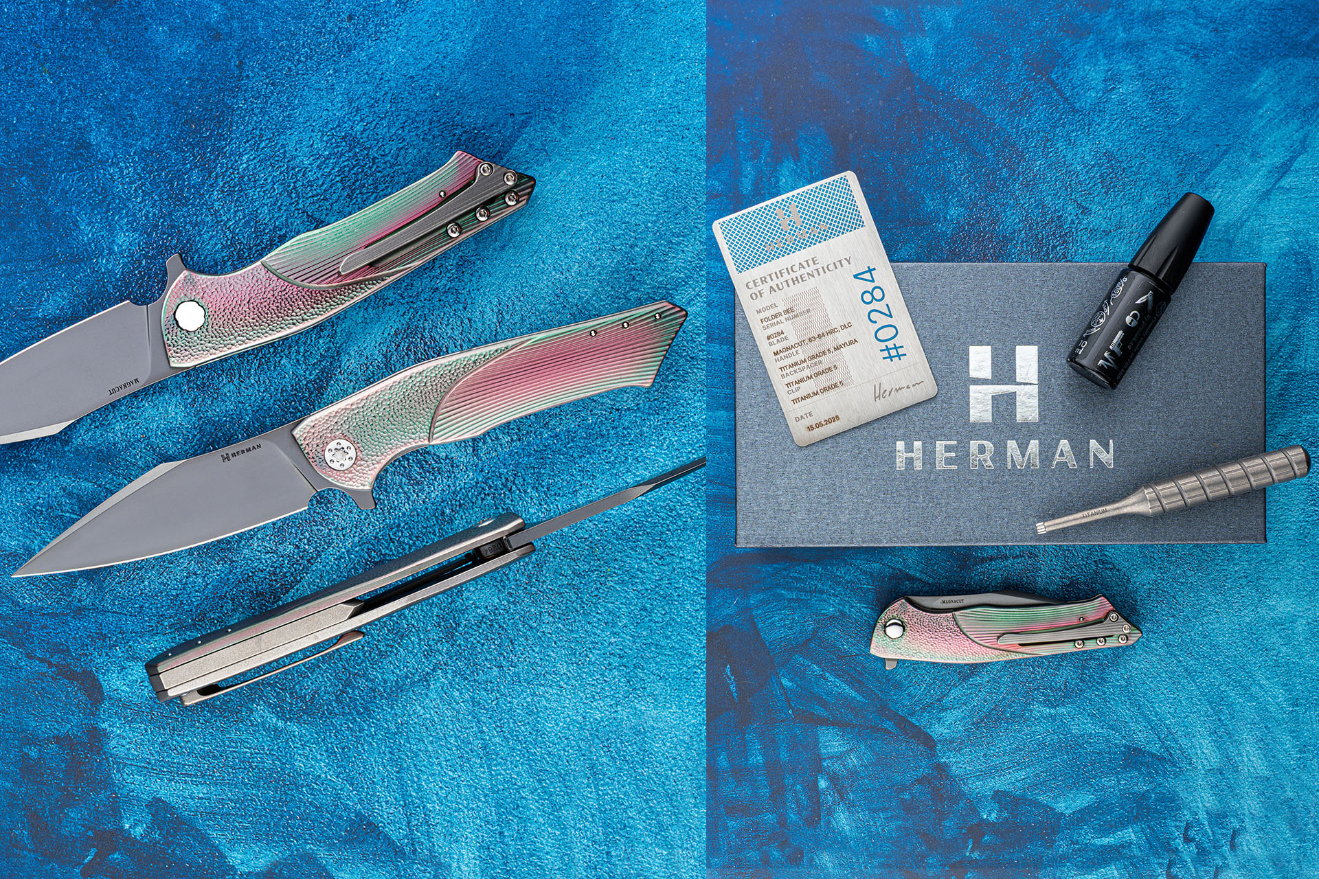 Coffret complet Herman Knives Bee MagnaCut avec boîte, certificat, chiffon, huile, tournevis et couteau