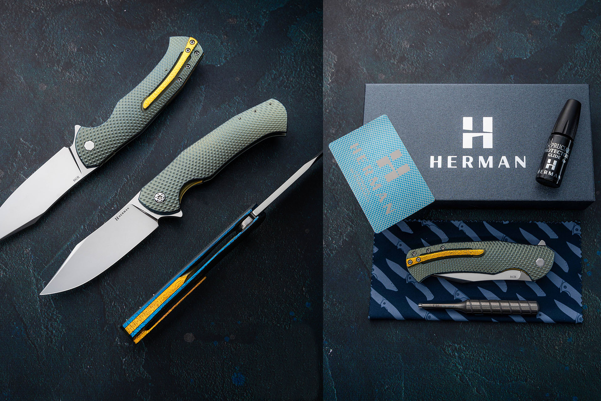 Couteau Herman Knives Mantis M398, ensemble complet avec boîte, certificat, chiffon, huile, tournevis et couteau.