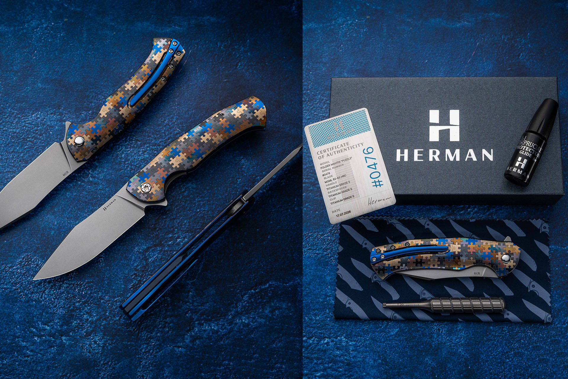 Set complet de cuțite Herman Mantis M398 cu cutie certificată, pânză uleiată și șurubelniță
