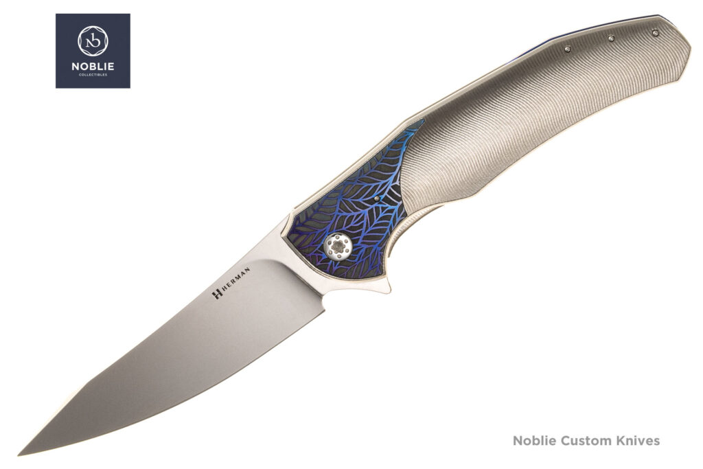 Herman Knives Ishtar M390 open presentation side with Leaves-pattern titanium inlay