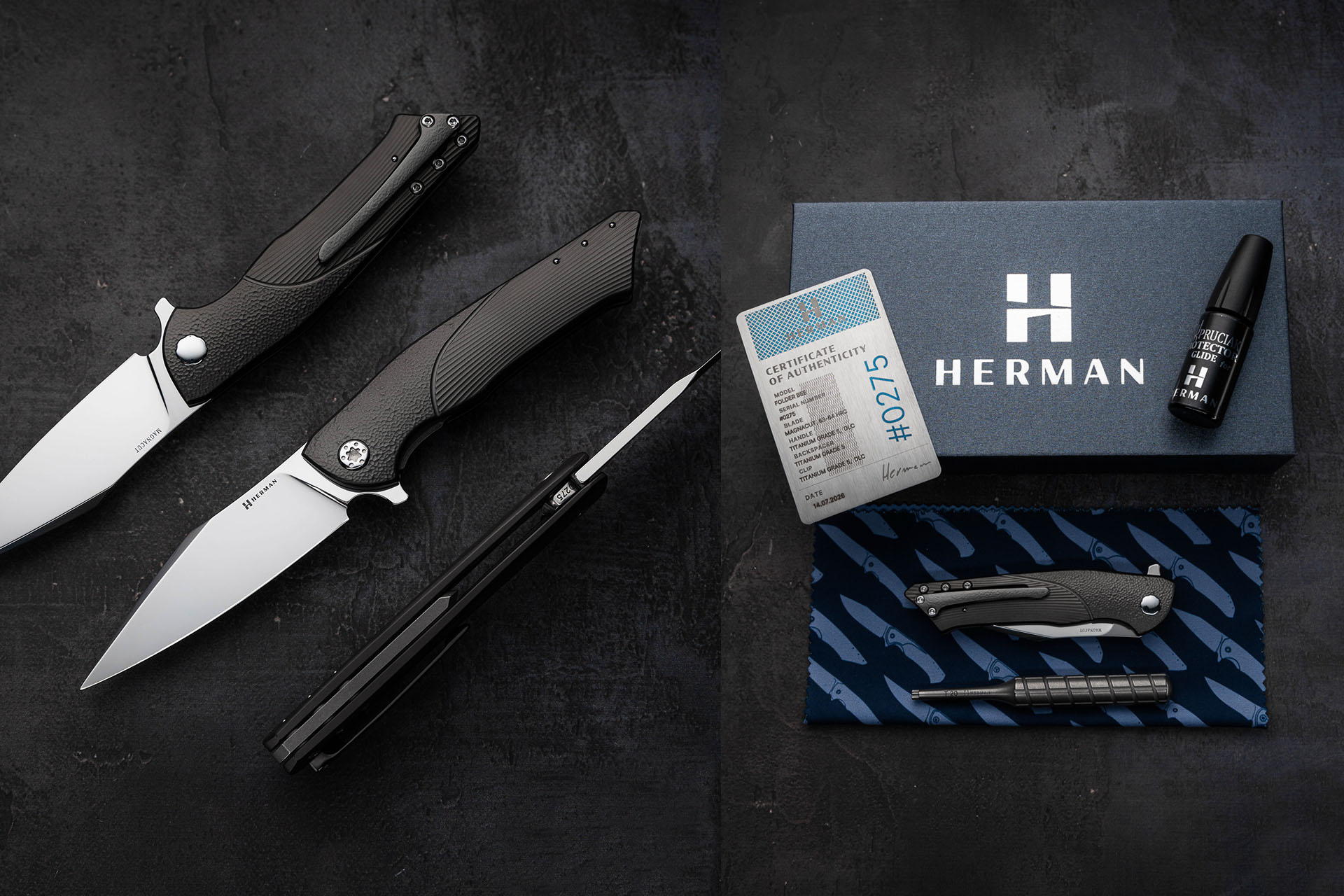 Herman Knives Bee MagnaCut DLC titano sulankstomas peilis, pilnas komplektas su dėžute ir priedais