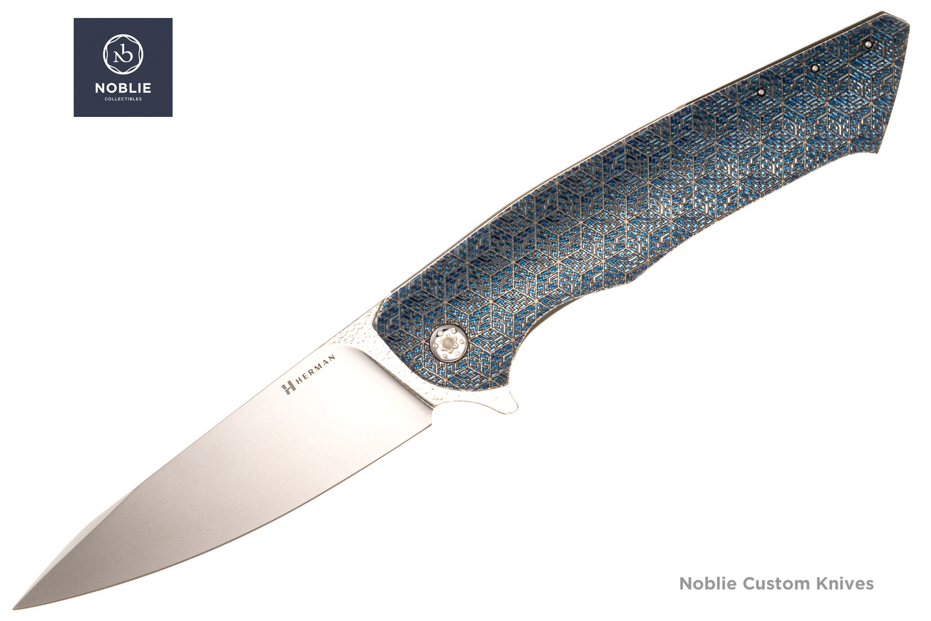 Herman Knives Slim M390 Tesseract open presentation side with patterned titanium handle
