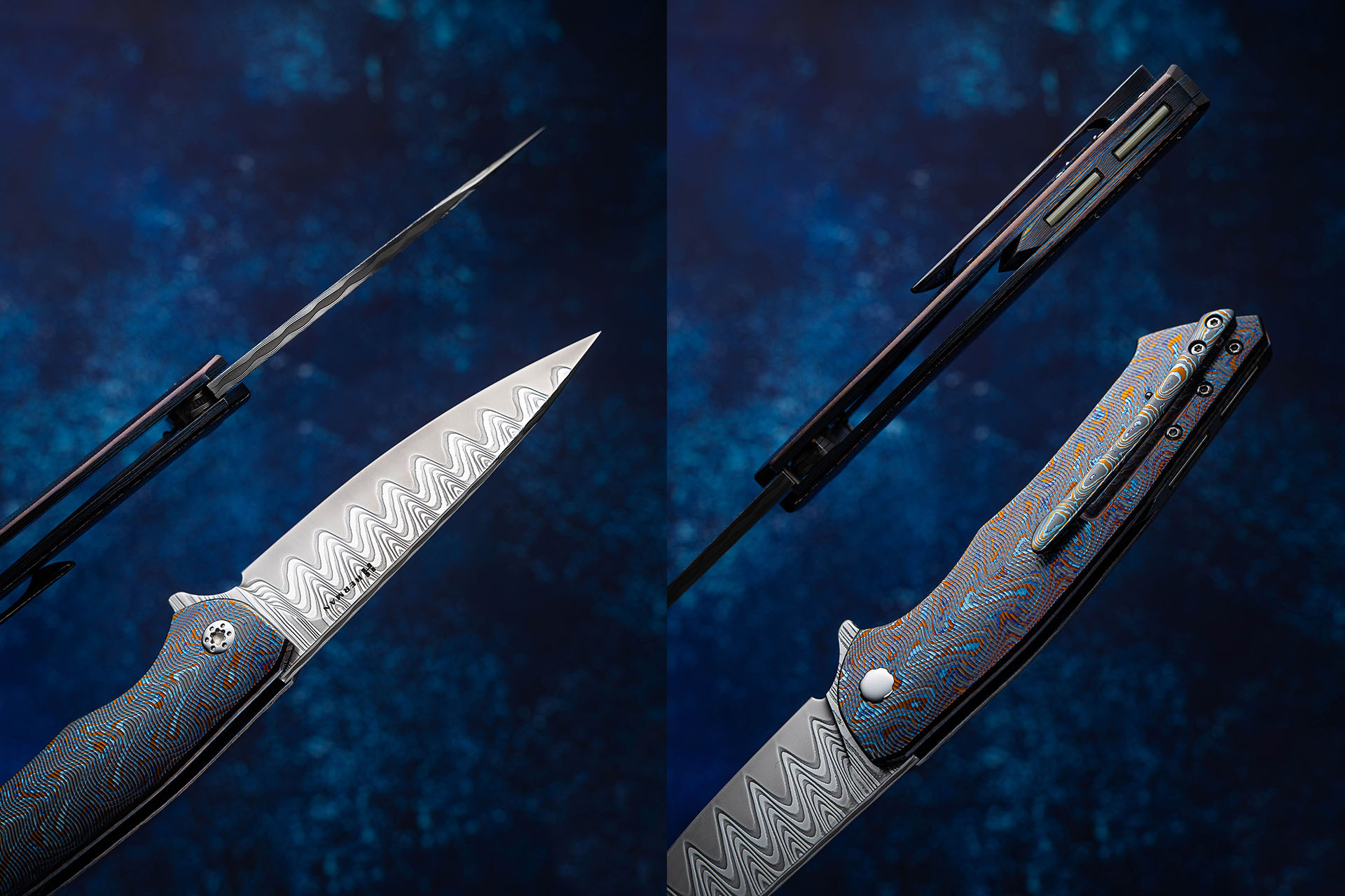 Herman Knives Slim Full Dress open and closed views showing Damasteel blade, Black Timascus handle, clip, and tritium backspacer