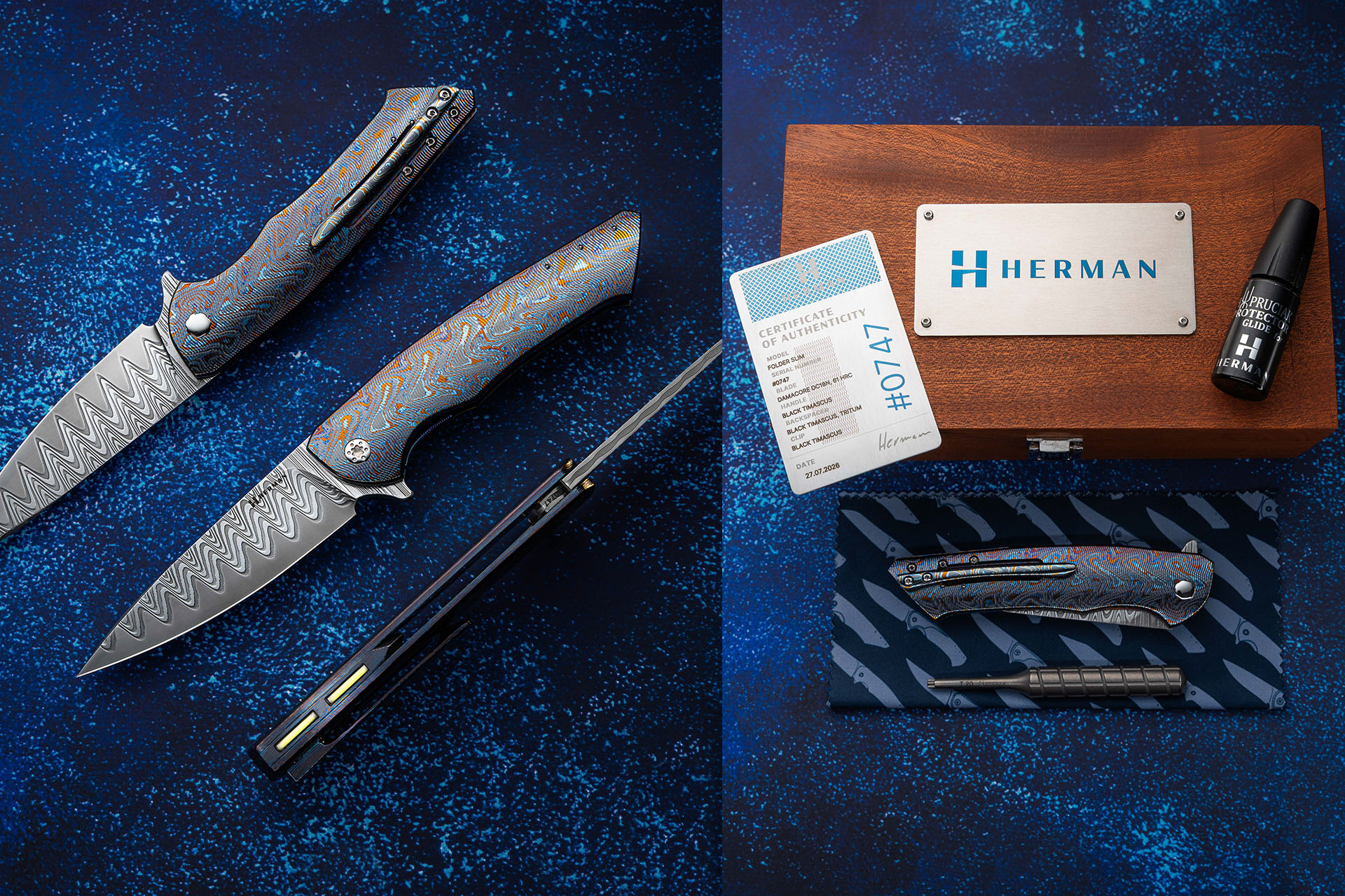 Herman Knives Slim Full Dress knife set with Black Timascus handle, Damasteel blade, presentation box, certificate, oil, cloth, and titanium screwdriver