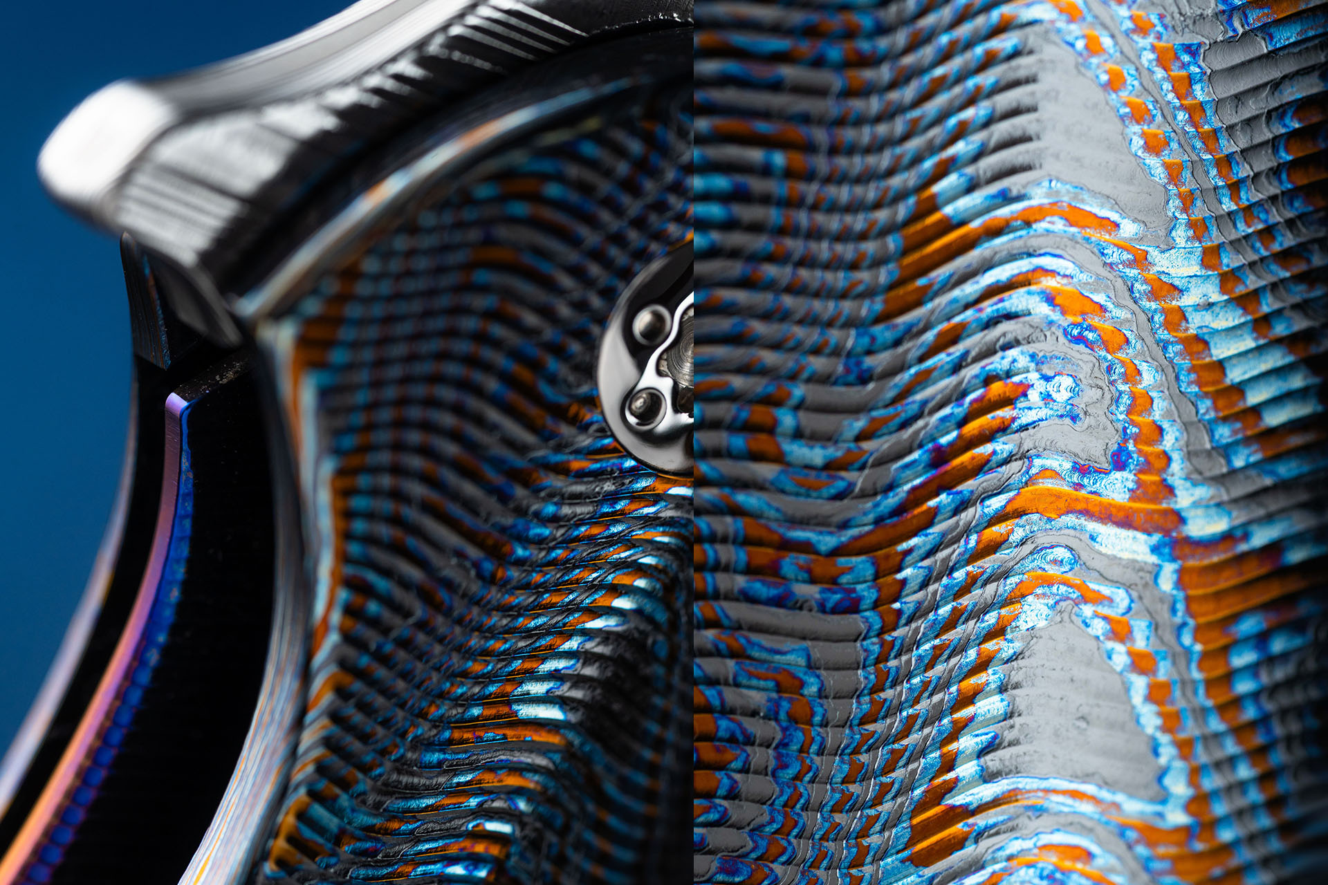 Herman Knives Slim Black Timascus handle texture and pocket clip hardware macro details