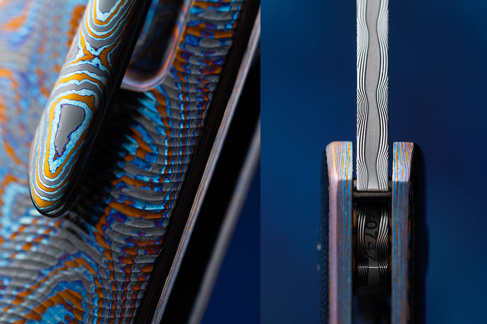 Herman Knives Slim Black Timascus pocket clip macro and Damasteel blade spine view between the handle scales