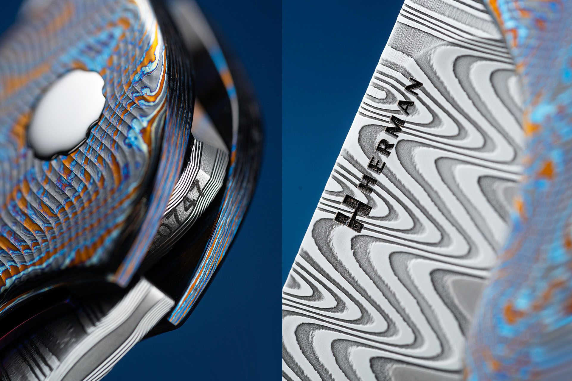Herman Knives Slim serial number detail beside the Black Timascus pivot and Herman logo on the Damasteel blade