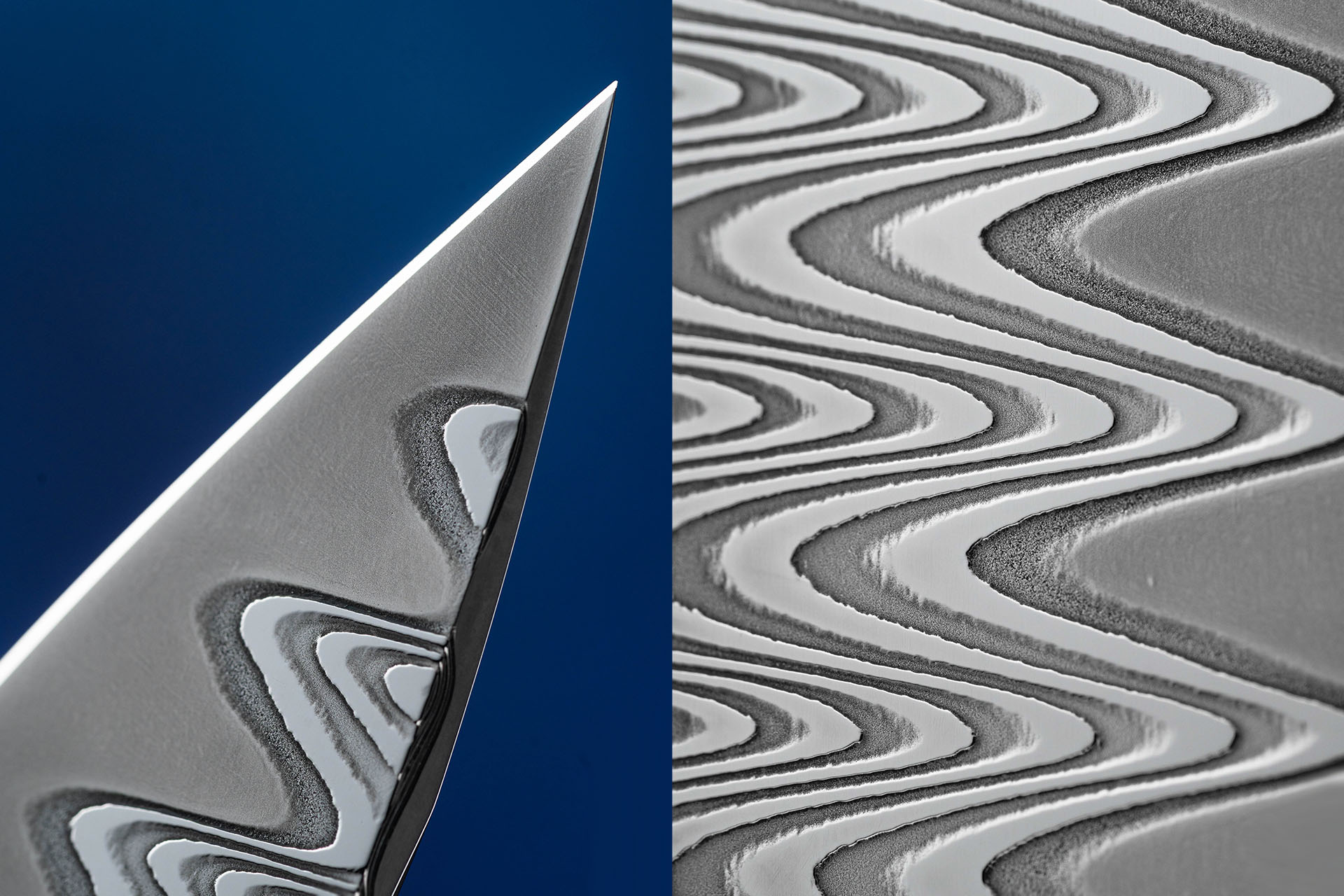 Herman Knives Slim mirror-polished Damasteel Damacore blade tip and Odin’s Eye pattern macro details