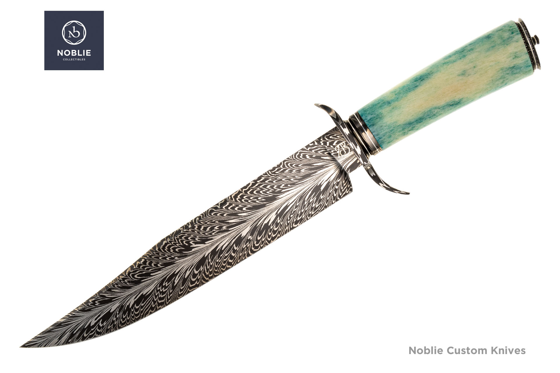 Allan Bigunas Bowie knife with a feather Damascus blade, blue-green giraffe bone handle, and curved guard