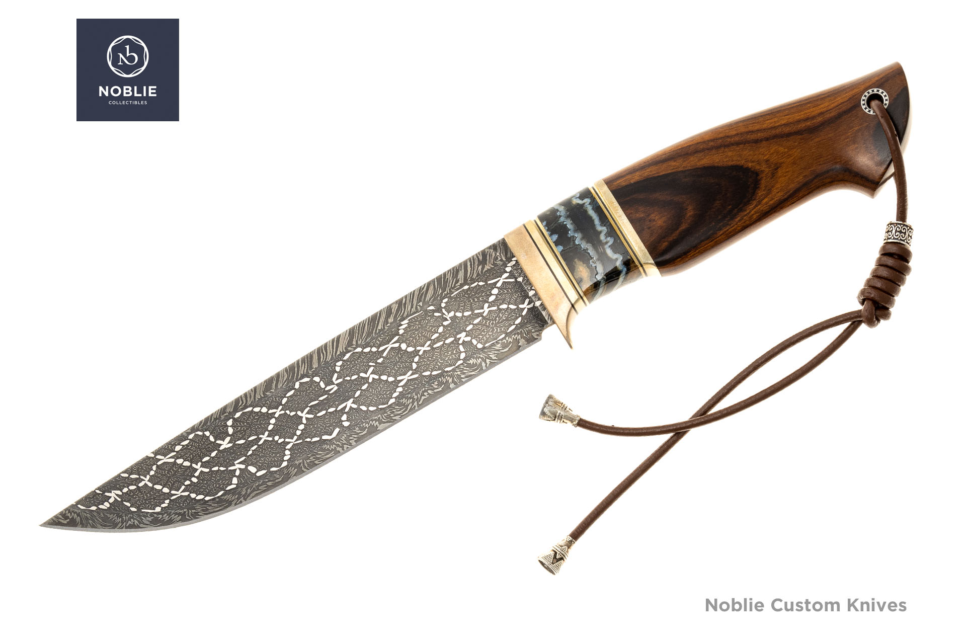 Mosaic Damascus knife with a bright diamond lattice blade pattern, ironwood handle, mammoth tooth insert, and brown lanyard