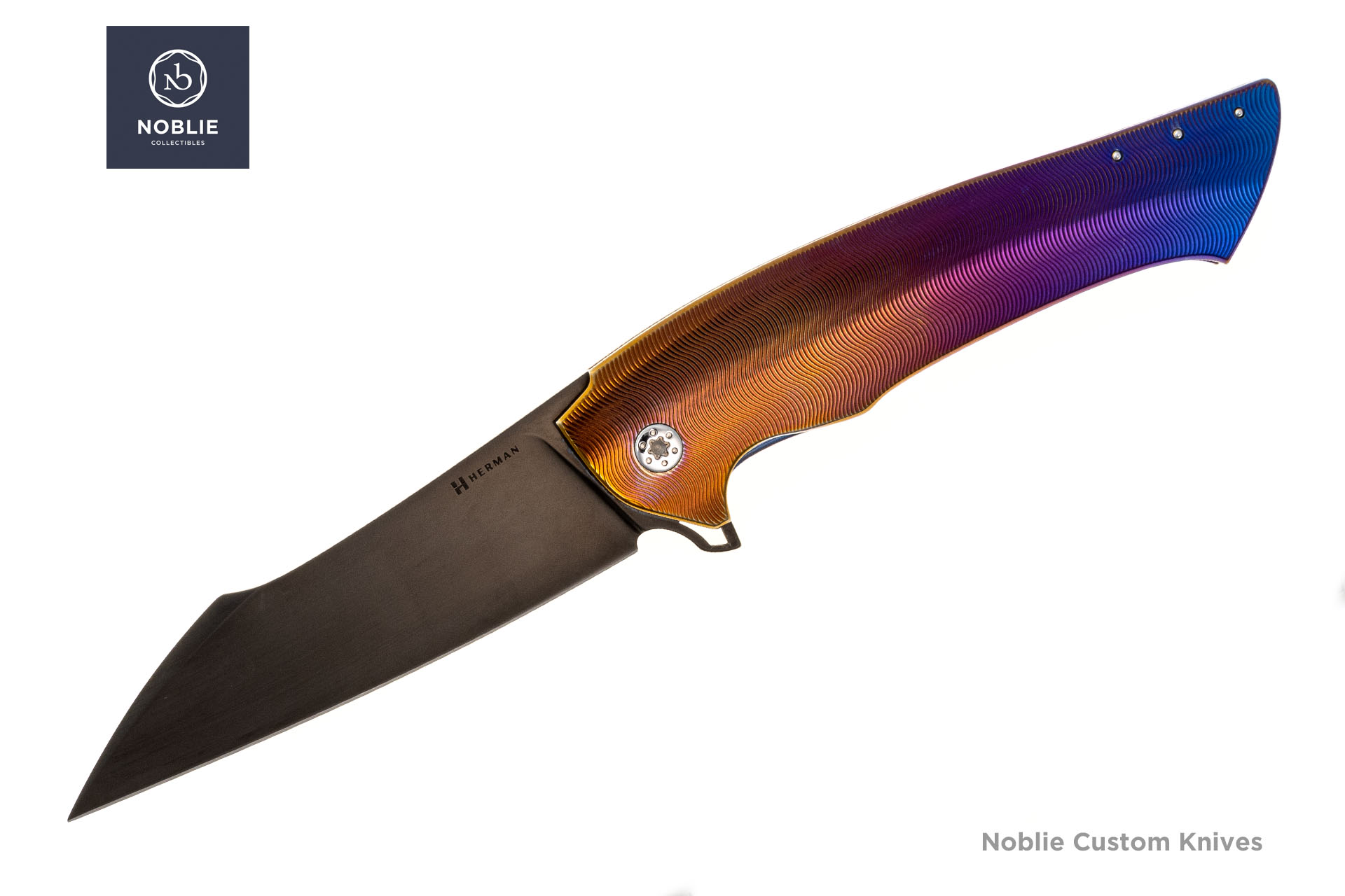 Herman Knives Ovium Gen 2 open presentation-side view with M398 DLC blade and multicolor wave-pattern titanium handle