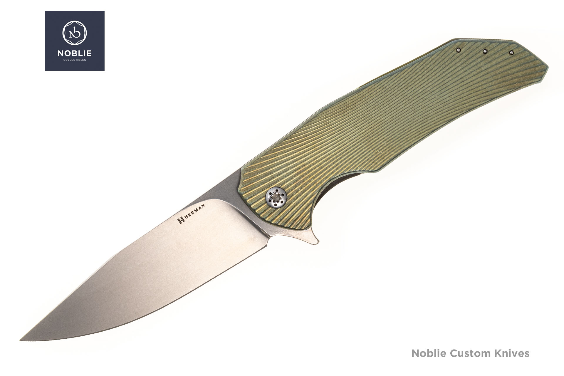 Herman Knives Dragonfly open presentation-side view with M398 stonewashed blade and gold and olive grooved titanium handle