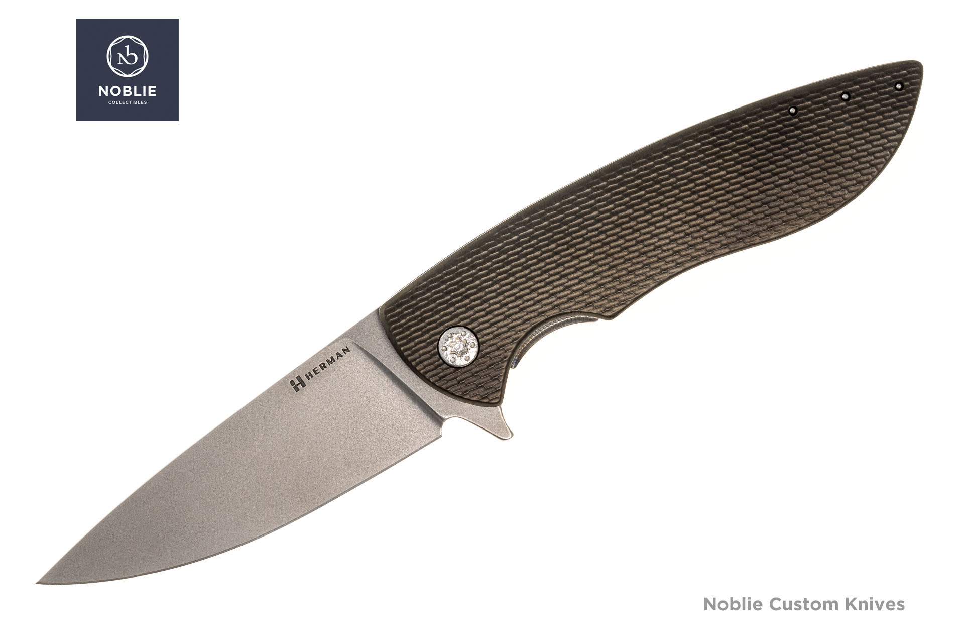 Herman Knives Sting open presentation-side view with M398 stonewashed blade and dark Stonehide DLC titanium handle