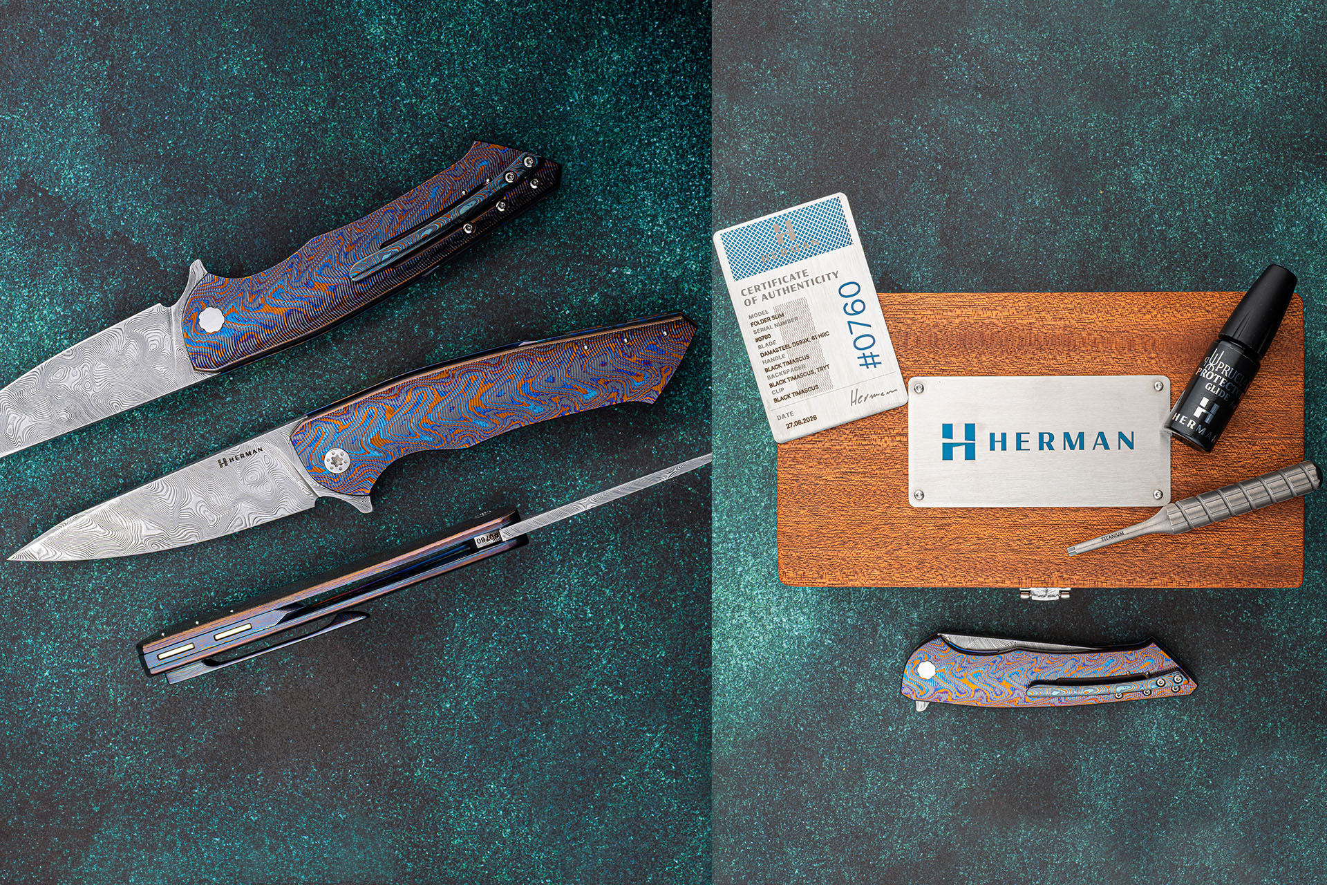 Herman Knives Slim open and closed views with Herman presentation box, certificate of authenticity, oil, and titanium screwdriver