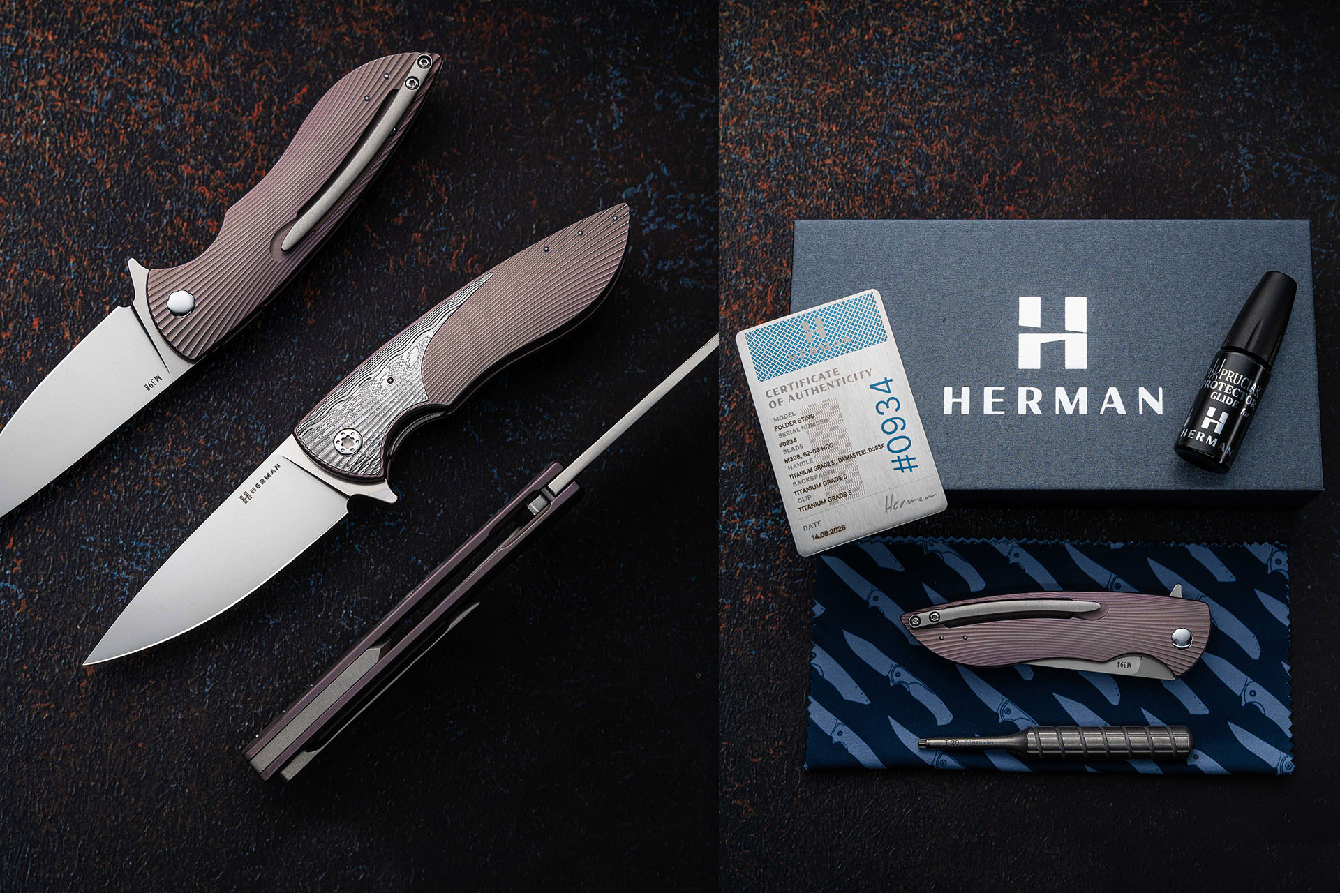 Herman Knives Sting M398 open and closed views with box, certificate of authenticity, microfiber cloth, oil, and titanium screwdriver