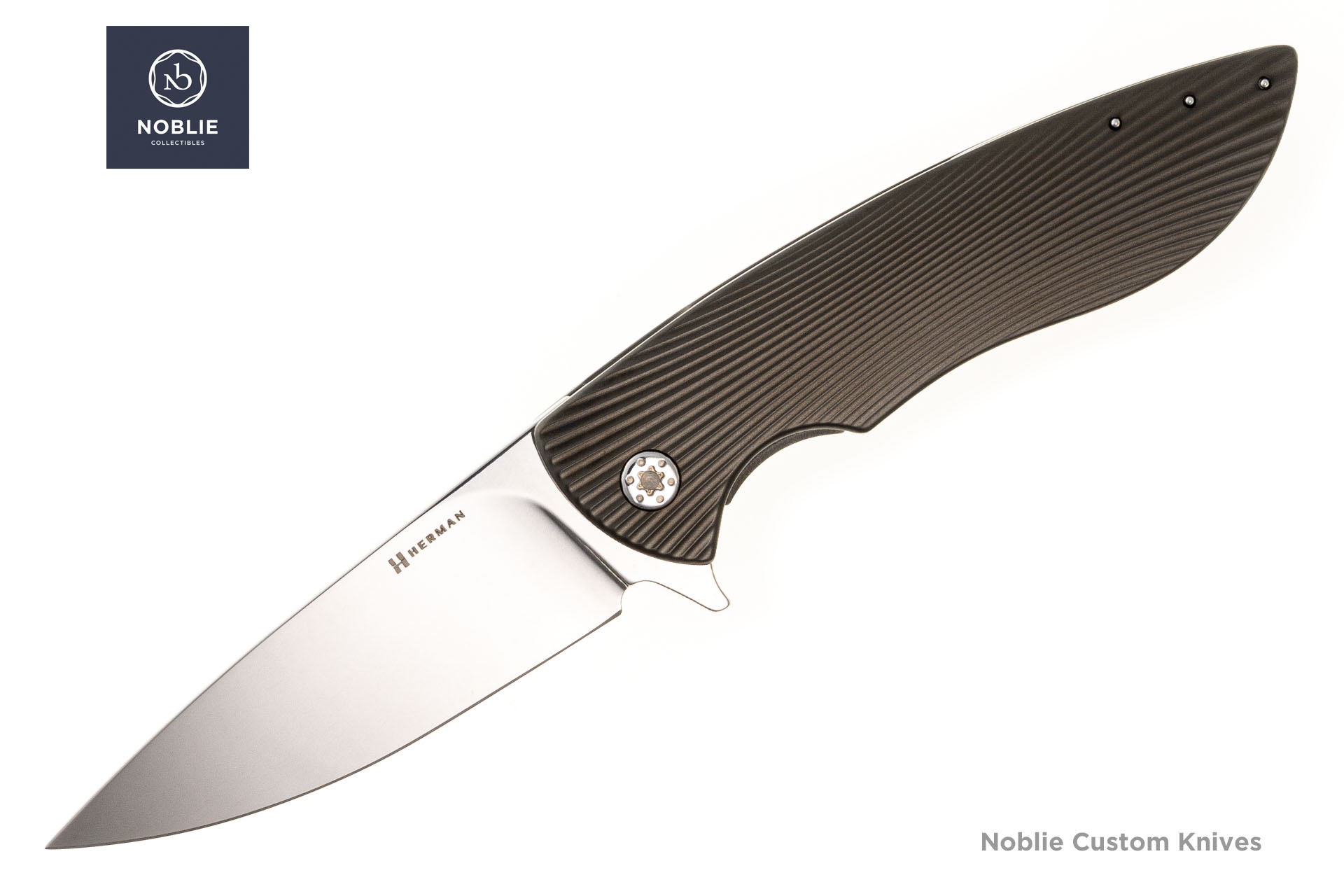 Herman Knives Sting open presentation-side view with near-mirror MagnaCut blade and grooved DLC titanium handle