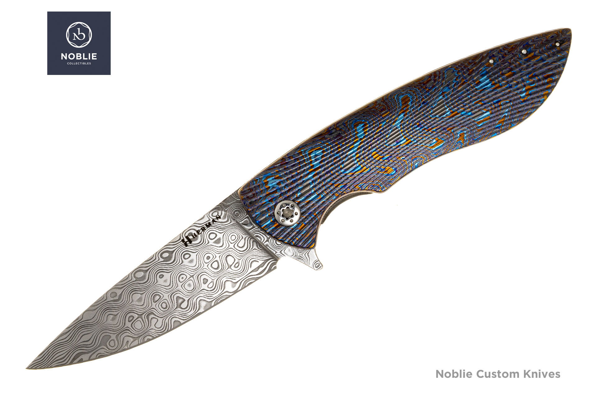 Herman Knives Sting Damasteel Rose Full Dress folding knife open, presentation side showing patterned Damascus blade and sculpted Black Timascus handle
